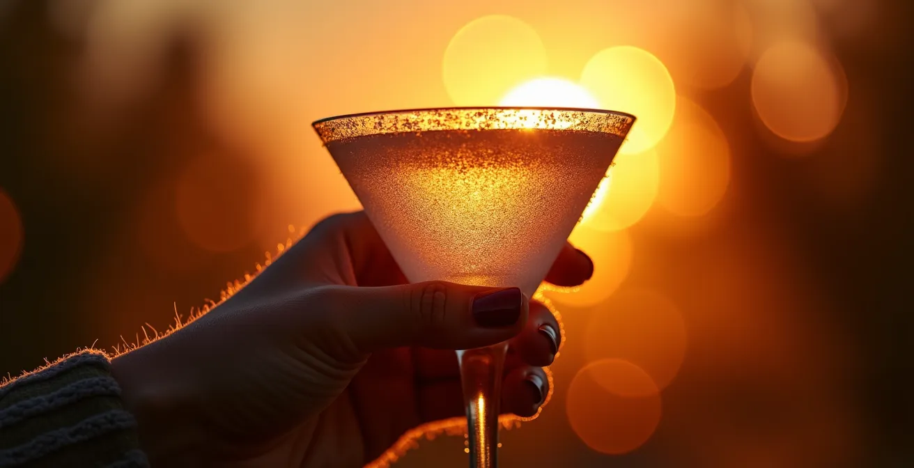 Gros plan sur une main tenant un cocktail coloré avec condensation